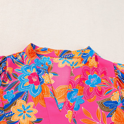 Peplum Printed Notched Short Sleeve Blouse