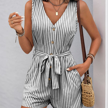 Perfee Striped V-Neck Tie Waist Romper