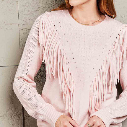 Double Take Fringe Detail Ribbed Trim Sweater