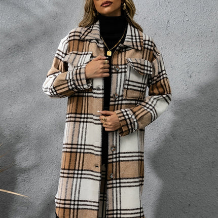 Plaid Collared Neck Long Sleeve Coat