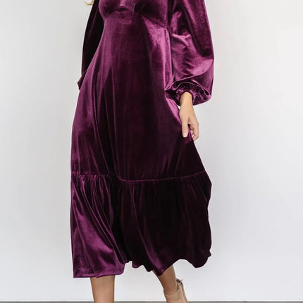 V-Neck Long Sleeve Midi Velvet Dress