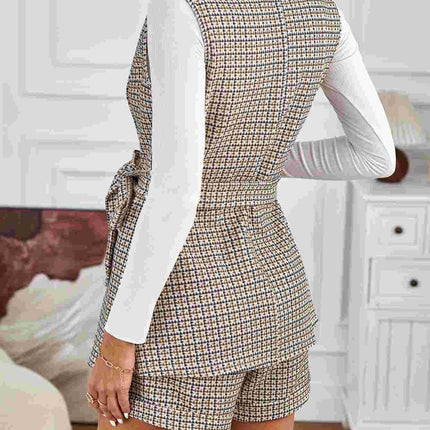 Tied Plaid Collared Neck Vest and Shorts Set