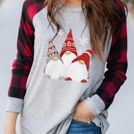 Full Size Graphic Plaid Round Neck Long Sleeve T-Shirt