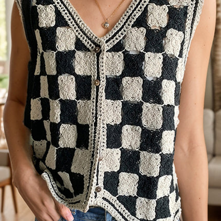 Crochet Checkered V-Neck Button Up Vest