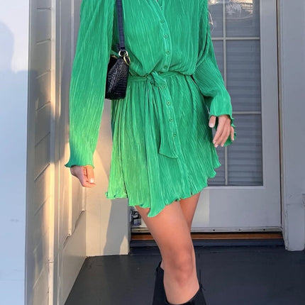 Tied Button Up Long Sleeve Dress