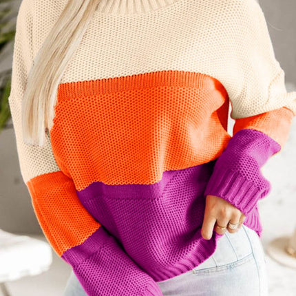 Color Block Drop Shoulder Round Neck Sweater