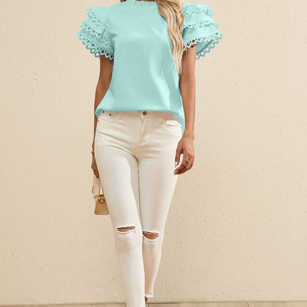 Ruffled Eyelet Round Neck Cap Sleeve Blouse