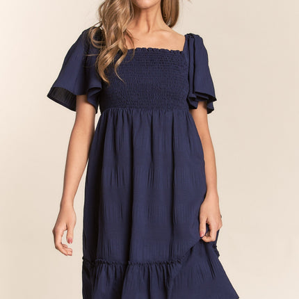 J.NNA Smocked Bow Back Ruffle Hem Dress