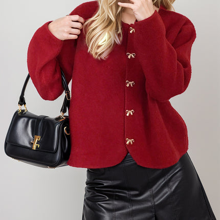 Bow Button Down Round Neck Long Sleeve Cardigan