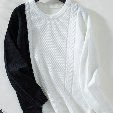 Two Tone Cable Knit Round Neck Long Sleeve Sweater