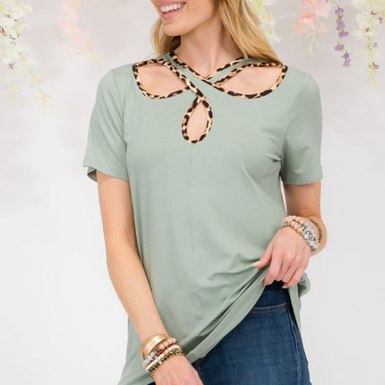 Celeste Full Size Crisscross Cutout Leopard Contrast Trim T-Shirt