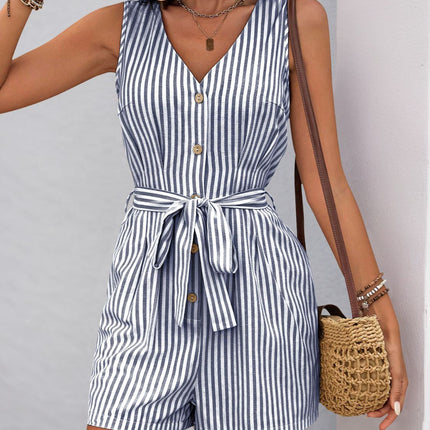 Perfee Striped V-Neck Tie Waist Romper