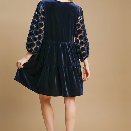 Umgee Dotted Lace Sleeve Tiered Velvet Mini Dress