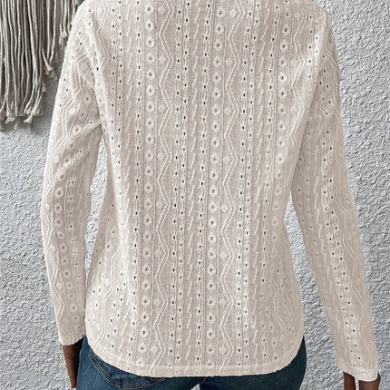 Eyelet Round Neck Long Sleeve Blouse