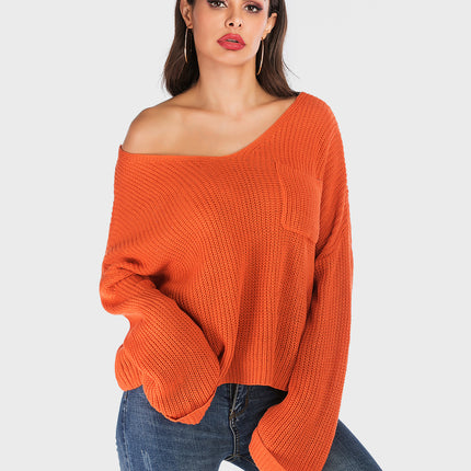 Perfee V-Neck Dropped Shoulder Long Sleeve Sweater