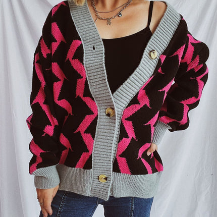 Contrast Trim Geometric V-Neck Long Sleeve Cardigan