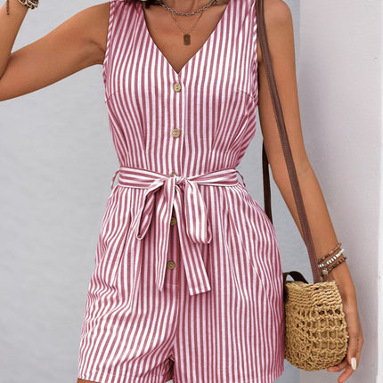 Perfee Striped V-Neck Tie Waist Romper