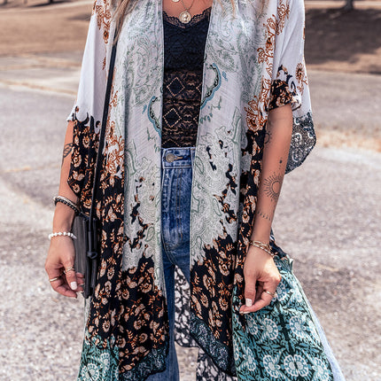 Open Front Printed Half Sleeve Cover Up