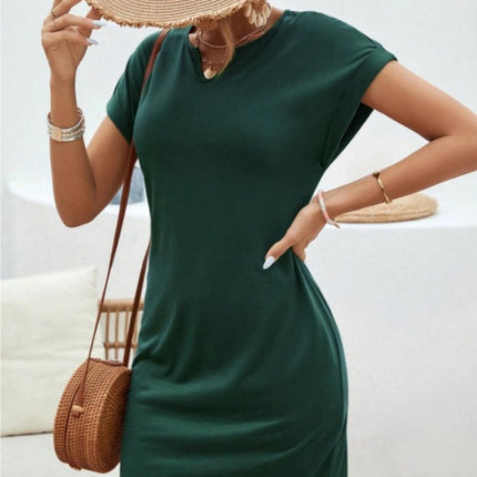 Notched Short Sleeve Mini Tee Dress