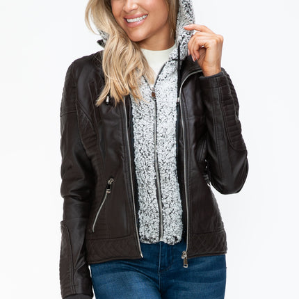 YMI Faux Layered Double-Zipper Jacket with Fuzzy Hood