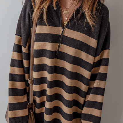 Striped Half Zip Long Sleeve Knit Top