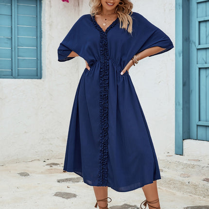 Frill Slit V-Neck Three-Quarter Sleeve Dress