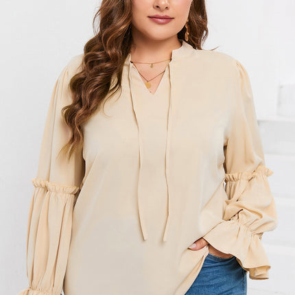 Plus Size Ruffled Tie Neck Flounce Sleeve Blouse