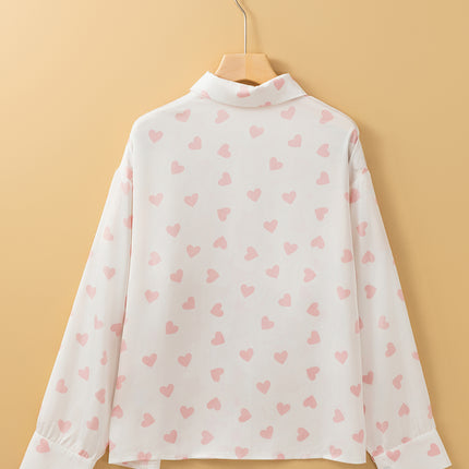 Heart Print Collared Neck Long Sleeve Shirt