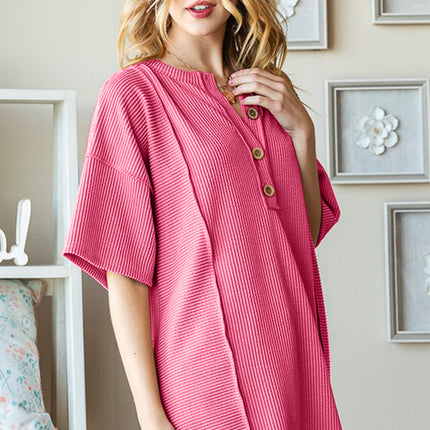 Heimish Full Size Ribbed Half Button Drop Shoulder Top