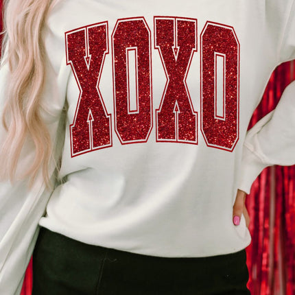 Valentine’s Day XOXO Glitter Round Neck Sweatshirt