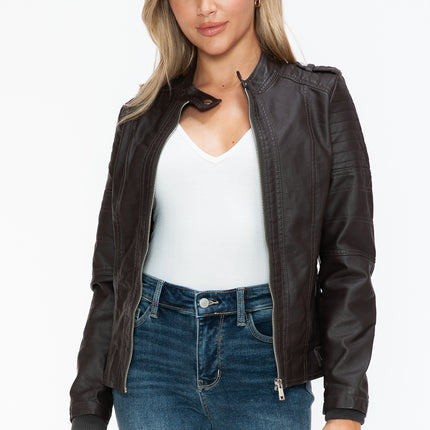 Snobbish PU Leather Biker Jacket with Side Zip Pockets