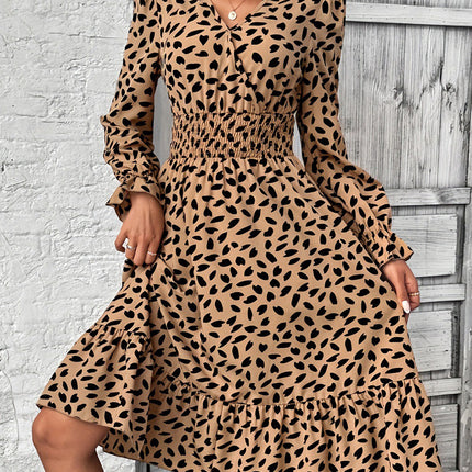 Smocked Printed Surplice Flounce Sleeve Midi Dress