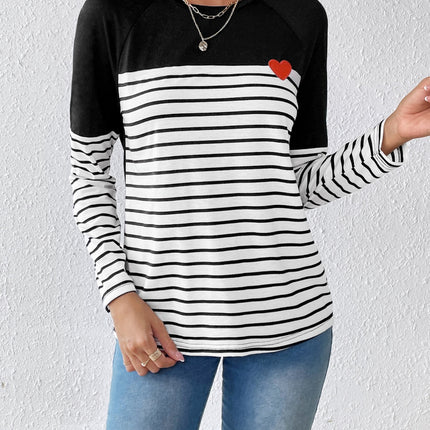 Striped Contrast Round Neck Long Sleeve T-Shirt