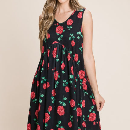 BOMBOM Floral Ruched Tank Dress