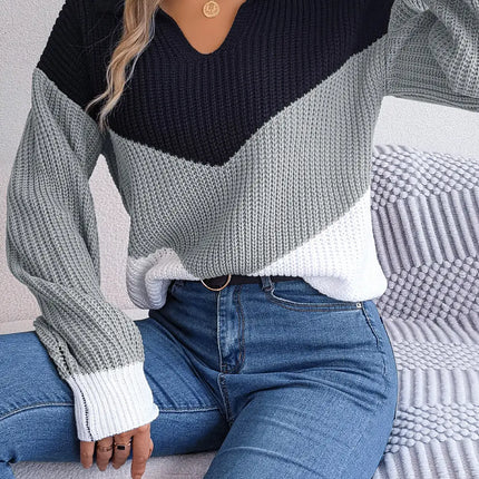 Autumn Winter Color Contrast Women's Sweater Casual Knitted Long Sleeve Top Fashion V-neck Pullovers Loose New In Knitwears 2023