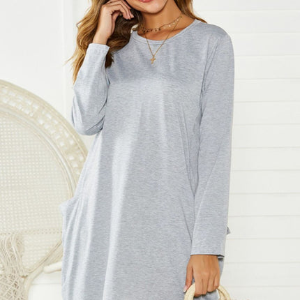 Pocketed Round Neck Long Sleeve Dress