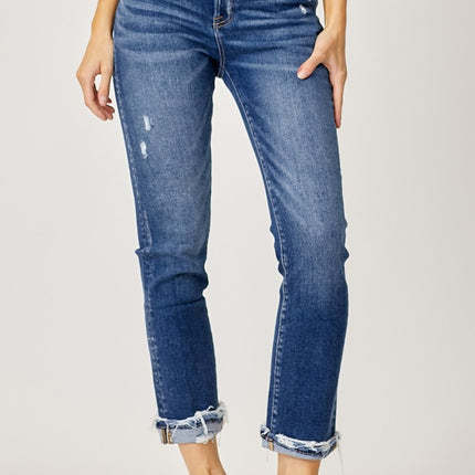 Risen Full Size High-Rise Frayed Cuffed Straight Jeans