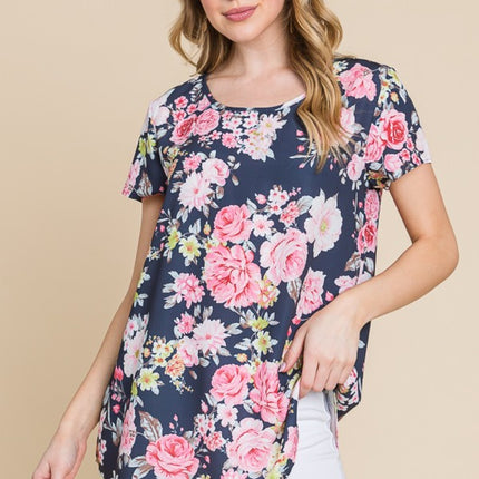 BOMBOM Floral Round Neck Short Sleeve T-Shirt