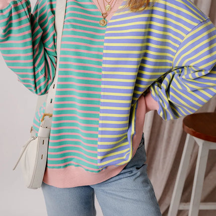 Contrast Stripes Round Neck Long Sleeve Sweatshirt