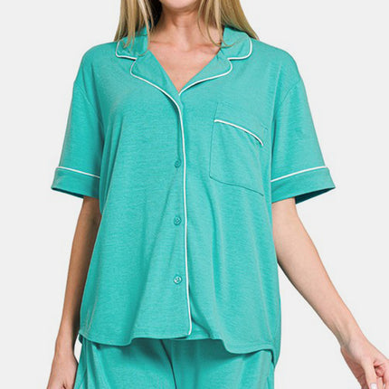 Zenana Button Down Short Sleeve Top and Shorts Lounge Set