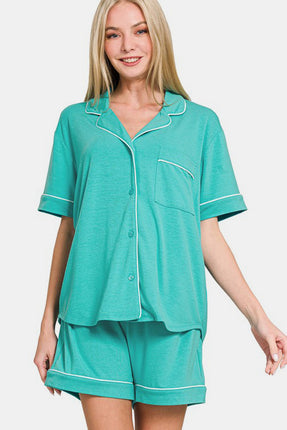 Zenana Button Down Short Sleeve Top and Shorts Lounge Set