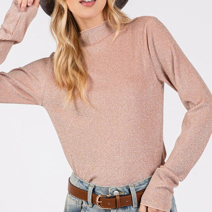 SAGE + FIG Glitter Mock Neck Lettuce Hem Long Sleeve Top