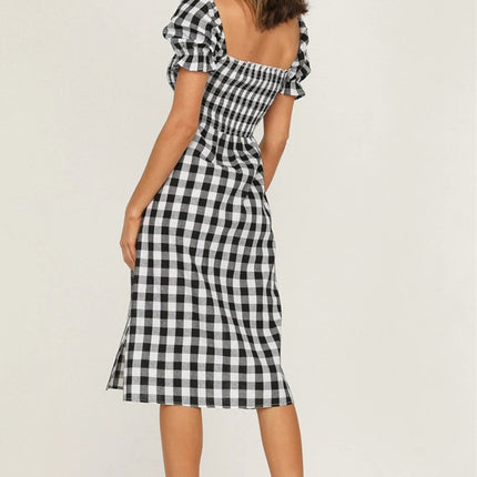 Full Size Slit Plaid Short Sleeve Midi Dress