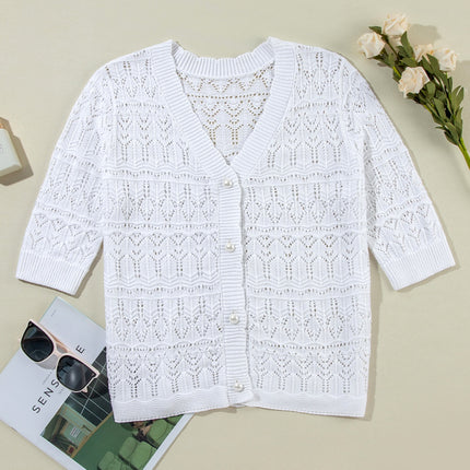 Openwork V-Neck Half Sleeve Cardigan