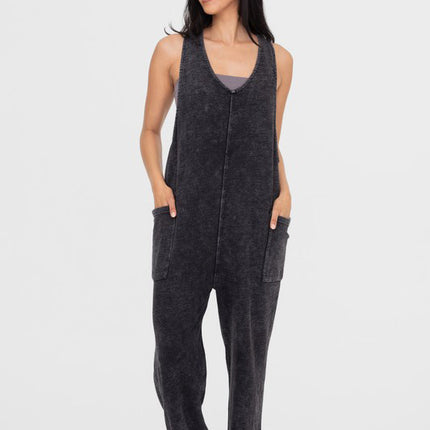 Mono B Mineral-Washed V Neck Overalls with Pockets