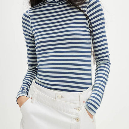 Exposed Seam Striped Turtleneck Long Sleeve T-Shirt