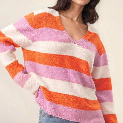 Color Block V-Neck Long Sleeve Sweater