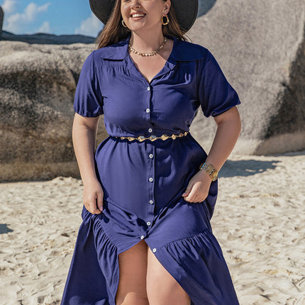 Plus Size Collared Neck Short Sleeve Midi Dress