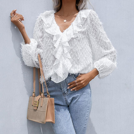 Double Take Ruffle Hem Fringe V-Neck Balloon Sleeve Blouse