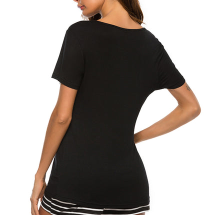 Graphic Round Neck Top and Striped Shorts Lounge Set